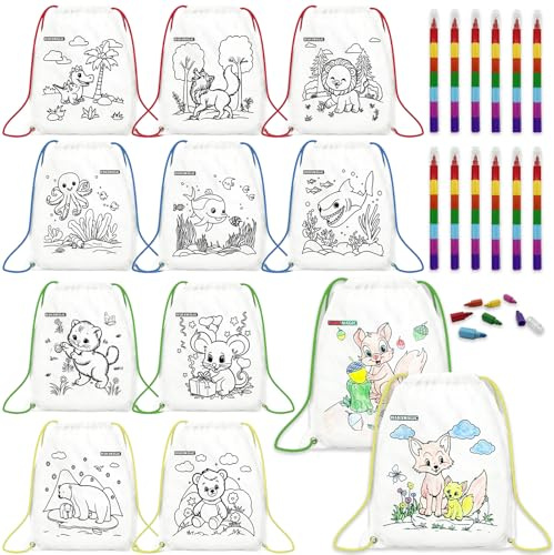HahaMagic 12 Sacs à Dos à Colorier avec 12 Crayons de Couleur empilables pour Enfant (7 couleurs en un), convient comme Sac Anniversaire Enfant, Cadeau invite Anniversaire et Cadeau Noel