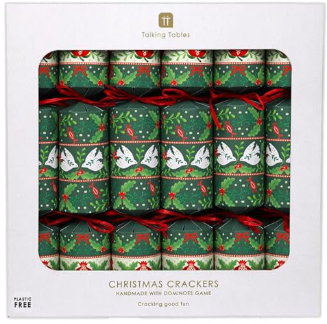 Talking Tables 6 x Christmas Crackers with Party Hats, Jokes, Games, Party Hat, Folklore Green Design Eco-Friendly Xmas Tableware, Recyclable
