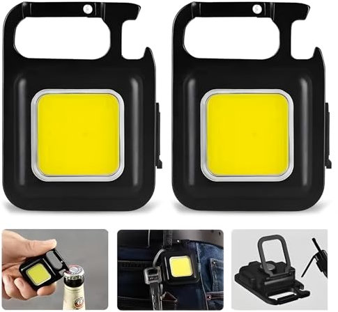 2 PCS Mini Lampe de Poche Rechargeable, Lampe de Poche Rechargeable, Mini Lampe de Travail Portable 800 Lumen COB Lampe Porte Clé, pour Camping, Réparation, avec Ouvre-Bouteille, Base Magnétique