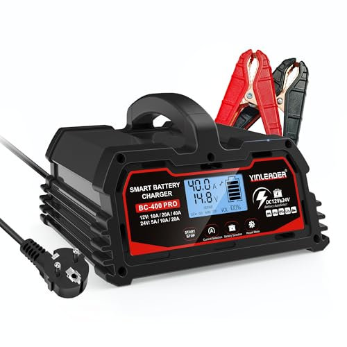 Autobatterie Ladegerät 40A/20A 12V/24V 20A/10A Batterieladegerät Auto Vollautomatisches Intelligentes Erhaltungsladegerät mit LCD-Bildschirm, Ladegeräte für 12v LiFePO4 Batterie - Schwarz