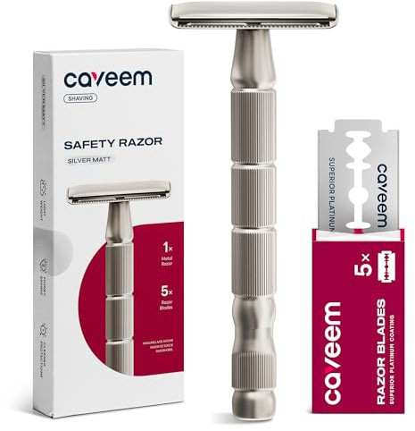CAVEEM Rasoio di sicurezza a doppio taglio, rasoi a lama singola con 5 lame di rasoio di sicurezza in acciaio inossidabile per uomini e donne, rasoio in metallo riutilizzabile - Argento opaco