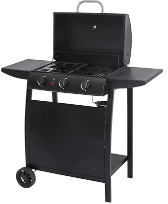 aro Barbacoa de Gas con 3 Quemadores, Acero, 7.5 kW, Encendido Piezoeléctrico, Tapa, Termómetro, Mesas Auxiliares, Ruedas, Negro
