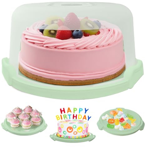 Slomg Plastic Cake Carrier with Lid and Handle, Multipurpose Cake Stand Holder Container for 11 in Cake, Round Cupcake Storage Box Serving Tray with Cover for Bundt Dessert Pie Pizza Eggs Fruit Green