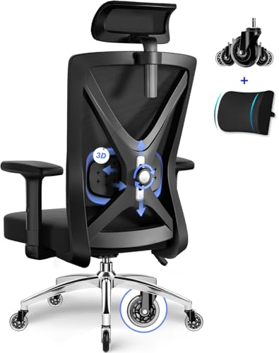 Daccormax Bürostuhl ergonomisch, Schreibtischstuhl mit Verstellbaren Armlehnen, Weiche Lendenstütze aus Naturschwamm und Kopfstütze, Chefsessel Drehstuhl Wippfunktion 200kg