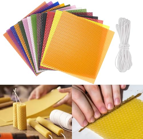 BORDEAG 24 placas de cera de abejas, placas de cera de 12 colores para velas, placas de cera de abejas para velas con 24 mechas de algodón, velas de cera de abejas para hacer tú mismo velas para