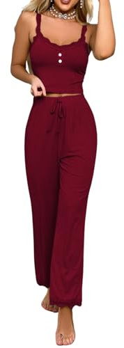 PARUPRUP Two-Piece Cute Heart Printed Pyjama Sets for Women, Spaghetti Strap Cami Top and Long Pants, Comfy Soft Summer Pjs Set (UK, Alpha, L, Regular, Regular, Wine red)