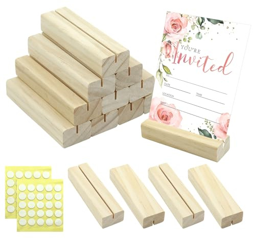 JRSHIRLEYLTD Portatarjetas de madera 15 unidades – Soporte para tarjetas de mesa de madera, soporte recto para tarjetas de fotos, soporte para tarjetas postales para bodas, menús, banquetes, fiestas