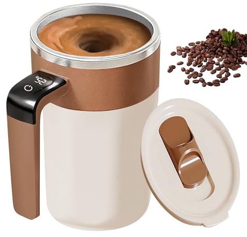 Selbstrührende Tasse, 400ML Magnetischer Rührbecher mit Temperaturanzeige, 304 Edelstahl Selbstmischende Kaffeetasse, Elektrischer Automatischer Selbstrührung Kaffeebecher für Kaffee Tee Milch(Braun)
