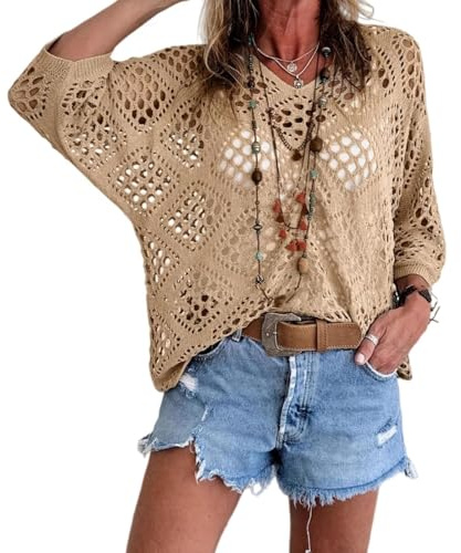 Generisk boho-inspirerad damvirkad topp i beige V-ringning – strandskydd och kryssningsoutfit 2026