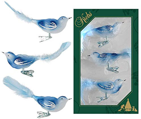 Dekohelden24 Lauschaer Christbaumschmuck - 3er Set Vögel auf Clip, blau, ca. 11 cm.