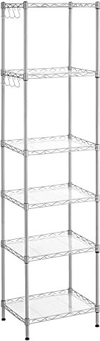 SONGMICS 6-Tier Shelving Unit, Metal Kitchen Storage Shelves, with Adjustable Wire Shelves, PP Liners, 8 Hooks, for Living Room, Garage, 30 x 40 x 160 cm, Silver LGR116E01