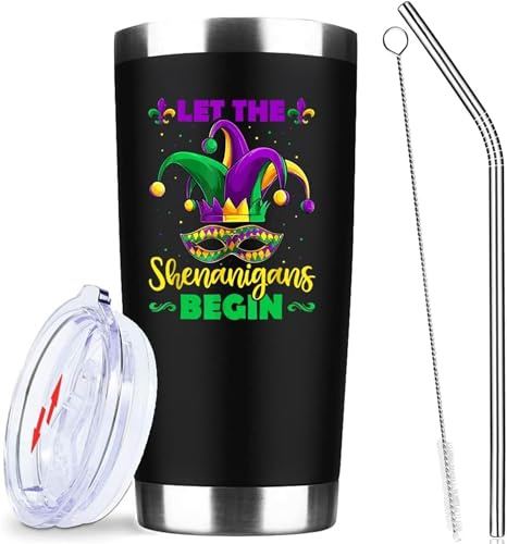 Let The Shenanigans Begin St Patricks Day Gifts for Women Men,20 Oz Insulated Stainless Steel Iced Coffee Tumbler With Lid Straw And Straw Brush,Funny Travel Coffee Mug Cup Water Bottle,Mardi Gras Mug