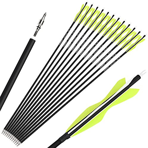 SHARROW Bogenschießen Carbonpfeile Jagdpfeile 28/30/31 Zoll Carbon Pfeile Spine 500 Bogenpfeile Pfeile für Bogen Fletching Natürliche Feder (12 stück/30 Zoll, Fluoreszierendes Gelb)