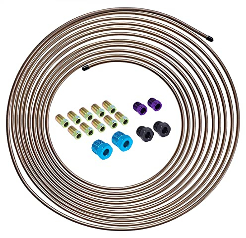 Nstarsmotor 25 ft 1/4 Genuine Copper-Nickel Alloy Brake Line Kit Complete Replacement Brake or Fuel Tubing (Includes 16 Fittings), Easy to hand bend, .028 Wall, SAE Thread, Rust Proof