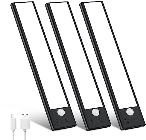 3 Pack Under Cabinet Lights, 32 LED Cold White Rechargeable Under Cabinet Lighting Motion Sensor LED Lights for Kitchen, Counter, Closet, Stairs (Black - Cold White Light, 8.07 Inch - 3 Pack)