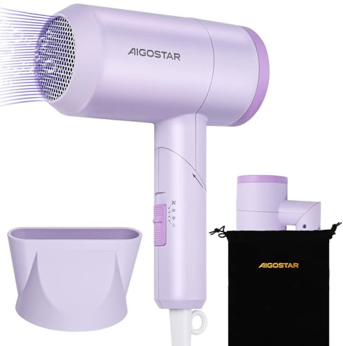Aigostar Secador Pelo Ionico, 1800W Plegable Secador de Pelo de Viaje, 2 vel. de Aire Caliente + 1 de Aire Frío, Portátil Hair Dryer, Boquilla Concentrador, Protección Térmica, Con Bolsa Antipolvo