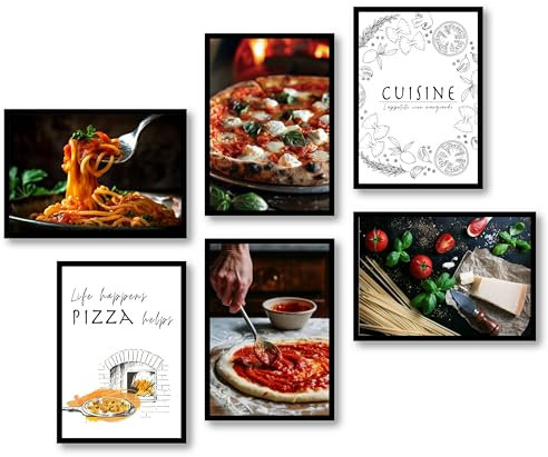 MJ-GRAPHICS® Poster Pizza Pasta Deko Küche 6xA4 Bilder Küche Küche Poster Wanddeko Bilderset Kaffee Nudeln Spruch Bild Küche Poster Set Küche Pizza Bilder Italien Wandbild Küche - ohne Rahmen