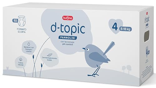 Buona Pannolini Taglia 4, Pannolini 8-18 kg con Tecnologia pH Comfort e Amido di Riso Azione Lenitiva, Pannolini D Topic Antifughe Ecologici in Cotone, Superassorbenti, Regola pH per Pelli Sensibili