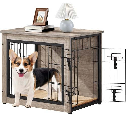 Yaheetech Dog Crate Furniture Dog Cage End Table Wooden Puppy House with Double Doors & Anti-skid Plush Mat for Puppies/Small-sized Animals, Indoor Pet Kennel Side Table, Gray