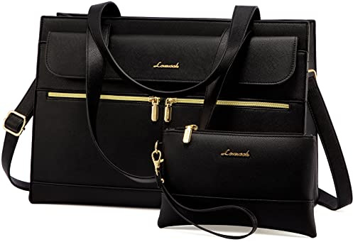 LOVEVOOK Laptop handväska dam, PU-läder 2-i-1 Crossbody Tote Bag handväska, stor business shopper-väska arbetsväska, elegant axelväska portfölj lärarväska för kontor arbete, A-svart, 17.3 Zoll