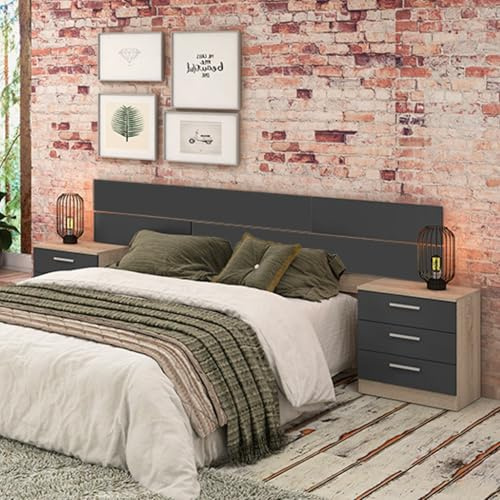 Meyvaser.com Ecommerce Company Pack Cabecero y 2 Mesitas de Noche, Dormitorio Doble, Dormitorio Completo, Acabado en Cambria y Grafito, Medidas: 220 cm (An) x 50 cm (Al) x 35 cm (Fon)