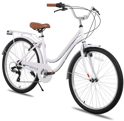 HILAND 26 tums Beach Cruiser Bike för män och kvinnor, Step-Through ram stadscyklar för vuxna med bagagehållare, män och kvinnor 7-växlad pendlare stadscykel, lila