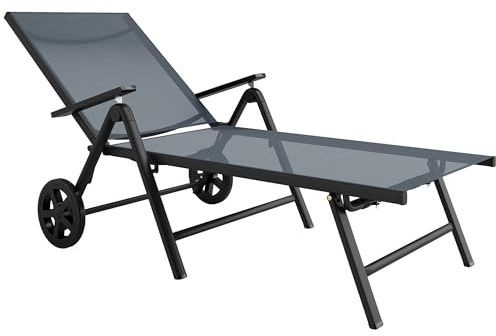 Outsunny Lettino Prendisole Pieghevole con Schienale Regolabile su 5 Livelli e Ruote, Sdraio da Giardino con Seduta Traspirante in Texteline 550g/m², per Piscina Spiaggia Giardino, 72x158x84cm, Grigio