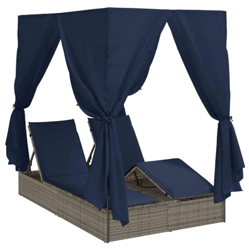 pokgdf Double Sun Lounger with Roof and Curtains, Black, 80.71 x 50.79 x 78.74 Inches, PE Rattan Wicker and Steel Frame, Includes Roof Fabric, 8 Side Curtains, and 2 Seat Cushions,