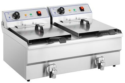 Royal Catering Kommerzielle Fritteuse Kapazität 2 x 16 l 13 kW 400 V 60-200 °C Kaltzone Ablasshahn autom. Abschaltung Thermoschutz Cool-Touch-Griff Elektro-Doppel-Fritteuse Gastro-Fritteuse