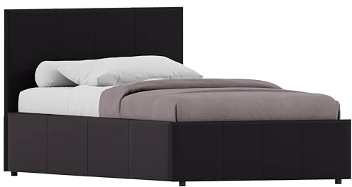 Vida Designs Lisbon Single Bed, 3Ft Ottoman Bed Frame Upholstered Faux Leather Headboard Low Foot End Bedroom Furniture, Black (UKFR Certified)