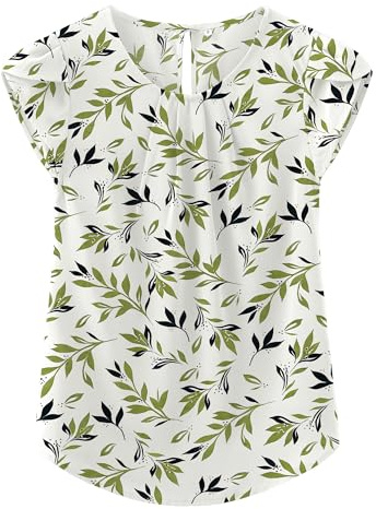TASAMO Women's Casual Round Neck Basic Pleated Top Cap Sleeve Curved Keyhole Back Chiffon Blouse (Large, FP Light Green 01)