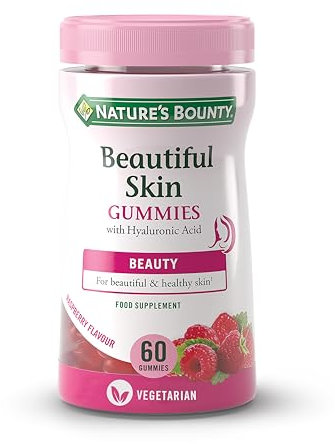 Nature's Bounty | Beautiful Skin Gummies | con Ácido Hialurónico, Vitaminas C, E, Zinc y Biotina | Suplemento para Piel, Cabello y Uñas | Sabor Frambuesa | 60 Gominolas
