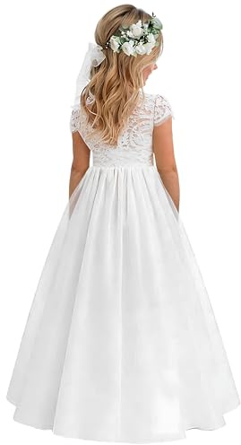 2Bunnies Girl Paisley Lace Back A-Line Tutu Tulle Party Flower Girl Dresses (Short Sleeve Maxi-White, 7/8)