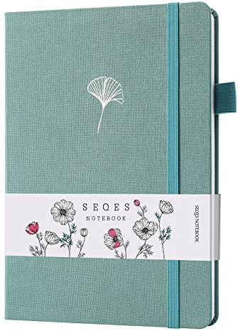 SeQeS Ballpunkt-Tagebuch, A5, 160 g/m², wasserfestes Papier, Punkte-Tagebuch, mit Innentasche (Ginkgo Leaf)