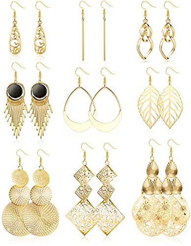 JeweBella 9 Paare Edelstahl Ohrringe für Damen Mädchen - Boho Twist Lang Hängend Silber/Gold Quaste Set - Hypoallergen Welle Blatt Lange Bar ModeschmuckSet