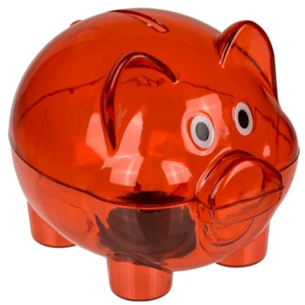 Sparschwein aus transparentem Kunststoff, klein, 10 x 8 x 8 cm, mit Deckel, leicht und robust, Rot
