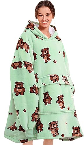 Narecte Oversized Blanket Hoodie Blanket for Women,Wearable Blanket Adult Giant Hoodie Cozy Sweatshirt Kawaii Stuff,Birthday Gifts for Women, for Sister,Teen Girl Gifts Bear