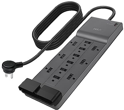 Belkin 12-Outlet Surge Protector Power Strip w/ 12 AC Outlets & 8ft Flat Plug, UL-Listed Heavy-Duty Extension Cord for Home, Office, Travel, Computer, Laptop, Charger - 3,940 Joules of Protection
