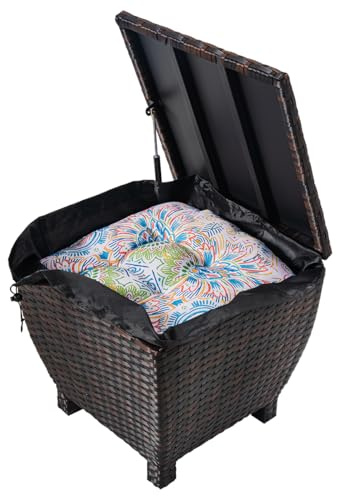Outdoor Wicker Storage Box with Cover, 13 Gallon PE Rattan Deck Box for Outside with Waterproof Liner, Patio Storage Chest with Hinged Lid for Cushions, Pillows, Towels, Horizontal Bin, Brown