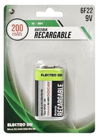 Batería Recargable Ni-MH 200 mAh 9V 6F22: energía eficiente para Dispositivos electrónicos, Ideal para mandos a Distancia y Juguetes.