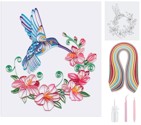 PH PandaHall Paper Quilling Kit Flower and Hummingbird Quilling Tool with 240 Paper Strip Supplier Template Board DIY Kits for Adults Papers Filigree Painting Kits Wall Art Decor 24.5x21cm