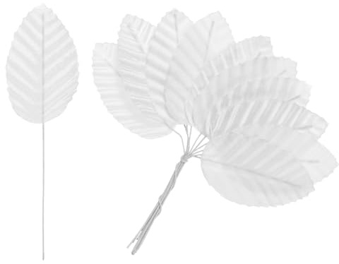 M METERXITY 47-Pack Artificial Silk Leaf with Stem White | Faux Wire Single Leaves, Fake Flower Leaf, for DIY Bouquet Wreaths Wedding Garland Party Decorations, Fake Rose Craft Leaves