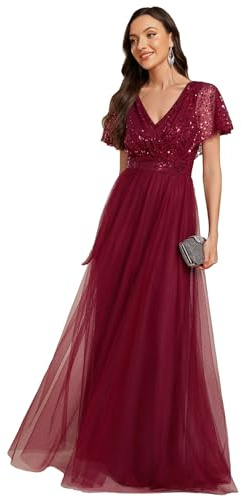 Ever-Pretty Robe de Soirée Femme Longue Paillettes Tulle Col V Manches Volantées pour Bal Promo Bordeaux 38