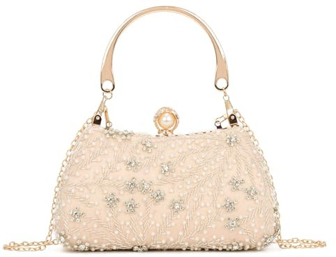 EVEOUT Perlen Clutch für Damen Handtaschen mit Perlenstickerei Elegante Kristall Hochzeitstaschen Bestickte Abendtasche Brauttasche Umhängetasche für Party Abschlussball