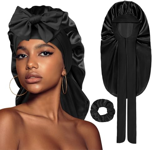 ACWOO Bonnet de sommeil en satin pour femme et fille avec large bande élastique, Noir , L