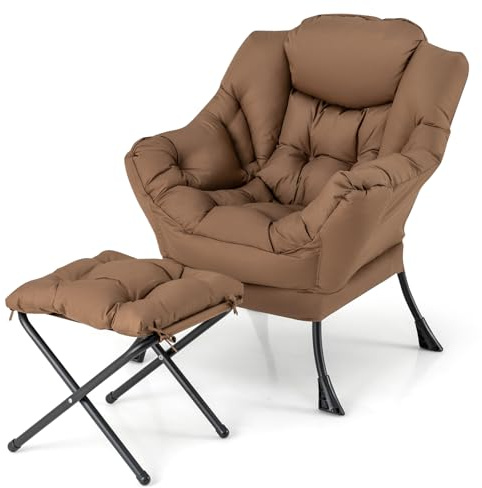 COSTWAY Poltrona Relax, Poltrona da Lettura con Cuscino, Elegante con Schienale e Seduta Imbottiti, Braccioli e Tasca di Stoccaggio, Portata 150 kg (Con Pouf, Marrone)