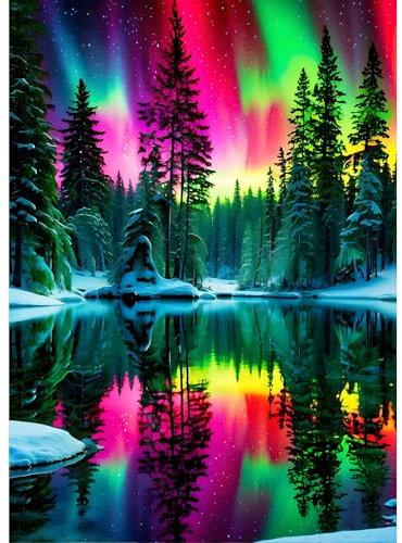 DPHERO DIY Nordlichter Diamant Painting Bilder für Erwachsene Anfänger,5D Spiegelung Diamond Painting Set,DIY Landschaft Runde Steine Diamant Kunst Kits, Diamant Painting für Zuhause Dekor 30x40cm