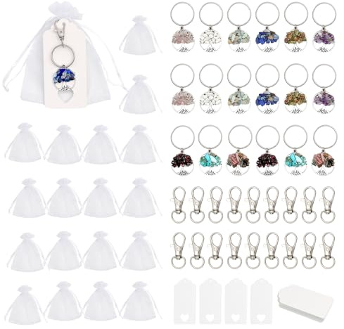 VEGCOO 18 Ciondolo Albero della Vita Set, Albero della Vita Portachiavi Pietra di Cristallo Naturale con Sacchetto in Organza e Etichette di Carta, Feste Bomboniere per Battesimo Comunione Matrimonio