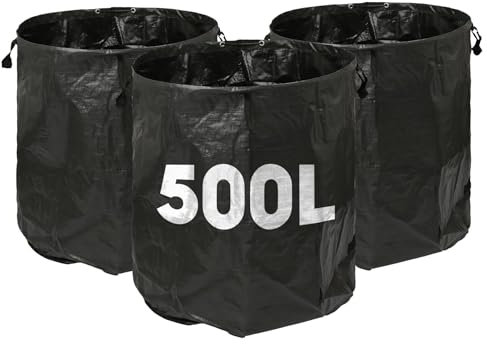 Harbour Housewares 500L Sacs pour Déchets de Jardin avec Poignées - Noir - 3X Grand Fort Réutilisable Plastique Robuste Jardinage Décombres Déchets Herbe Compost Feuille Sol Boutures Sacs à Ordures