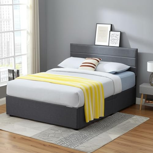 Panana Upholstered Ottoman Double (4ft6) / King (5ft) Grey Linen Fabric Storage Bed, Gas Lift Up Bed Frame with Storage, End Opening Wooden Slats (Grey with Horizontal Headboard, King Size)
